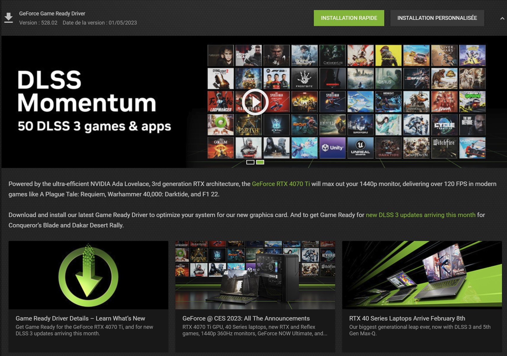 Nvidia lance ses pilotes Game Ready 528.02 pour la GeForce RTX 4070 Ti