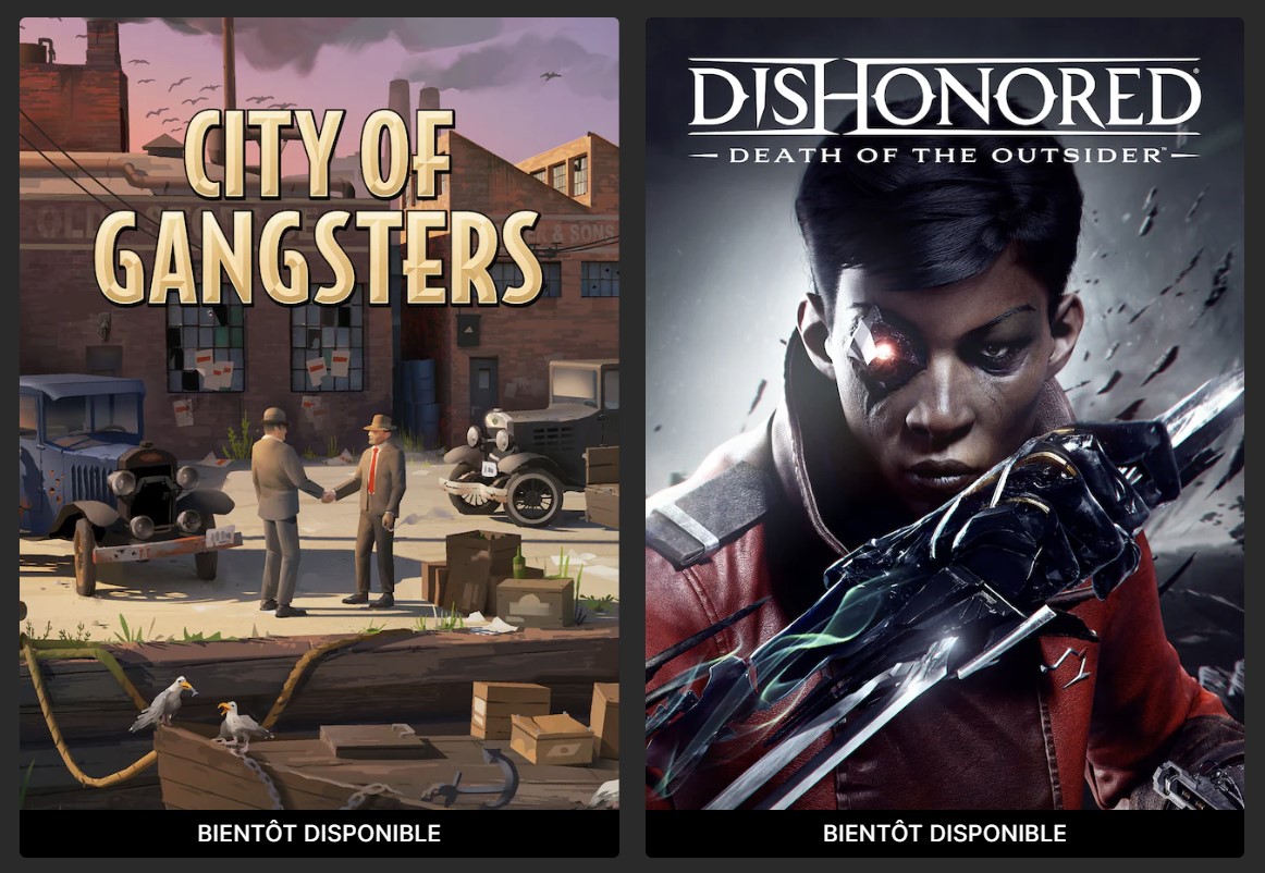 Les jeux gratuits de la semaine sur l'Epic Games Store : Dishonored Death of the Outsider et City of Gangsters !
