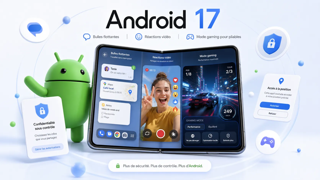 Android 17 est là : bulles flottantes, réactions vidéo et mode gaming pour pliables