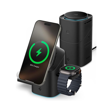 Spigen MagFit Station Qi2 : Charge 3-en-1 MagSafe (iPhone 17/16/15/14/13, AirPods, Apple Watch)