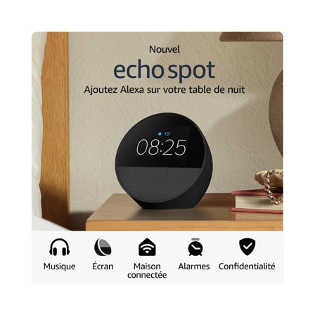 Nouvel Amazon Echo Spot (modèle 2024) | Réveil connecté avec un son de qualité et Alexa | Noir