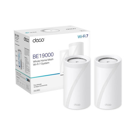 TP-Link Deco WiFi 7 Mesh BE19000 tri-Bande Deco BE85 Port Ethernet/Fibre 10 Gbit/s, Vitesse WiFi jusqu'à 19 Gbit/s, WPA3, canaux 320 MHz, 6 GHz (Pack de 2)