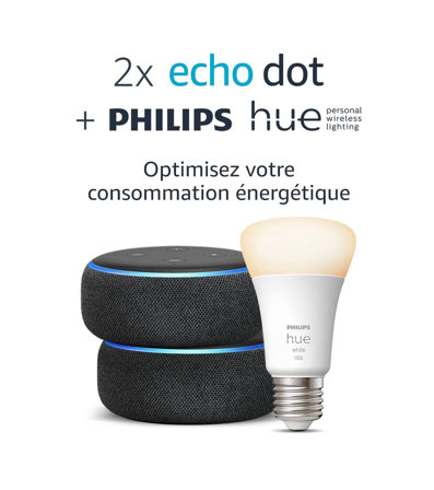 Amazon : 2 Echo Dot (3ème génération), Tissu anthracite + Philips Hue White ampoule connectée (E27)