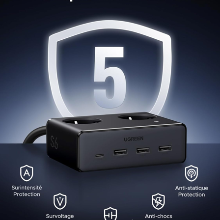 Multiprise  UGREEN 6 en 1 avec Interrupteur 3680W