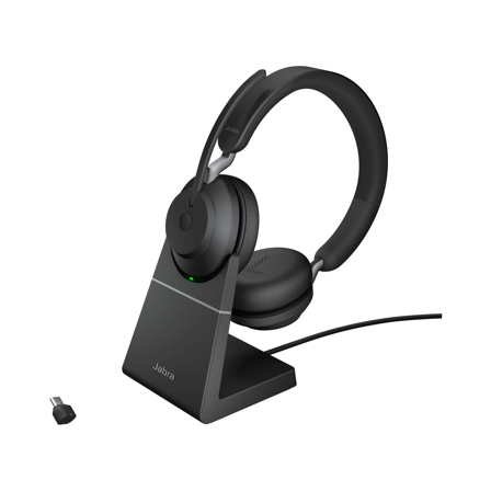 Casque PC Sans Fil Jabra Evolve2 65  avec Station de Charge - Adaptateur Bluetooth USB-C - Noir