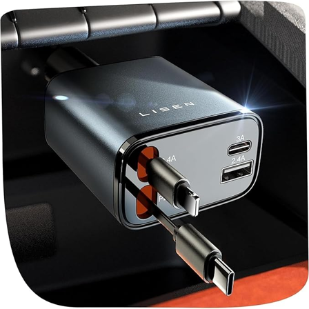 Lisen 4 en 1 Rétractable Chargeur Voiture USB C 69W