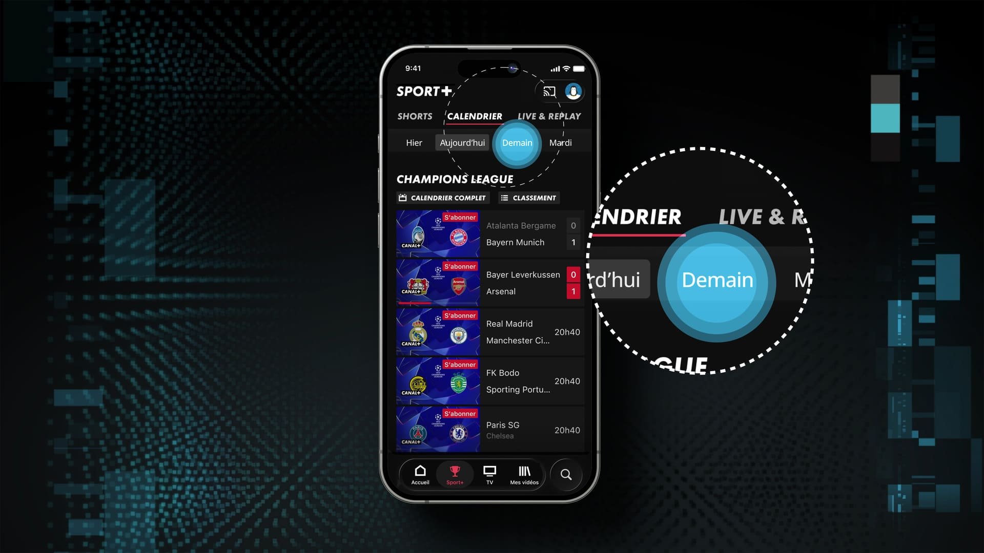 Calendrier officiel de SPORT+ avec des rencontres portant une invitation à s’abonner.