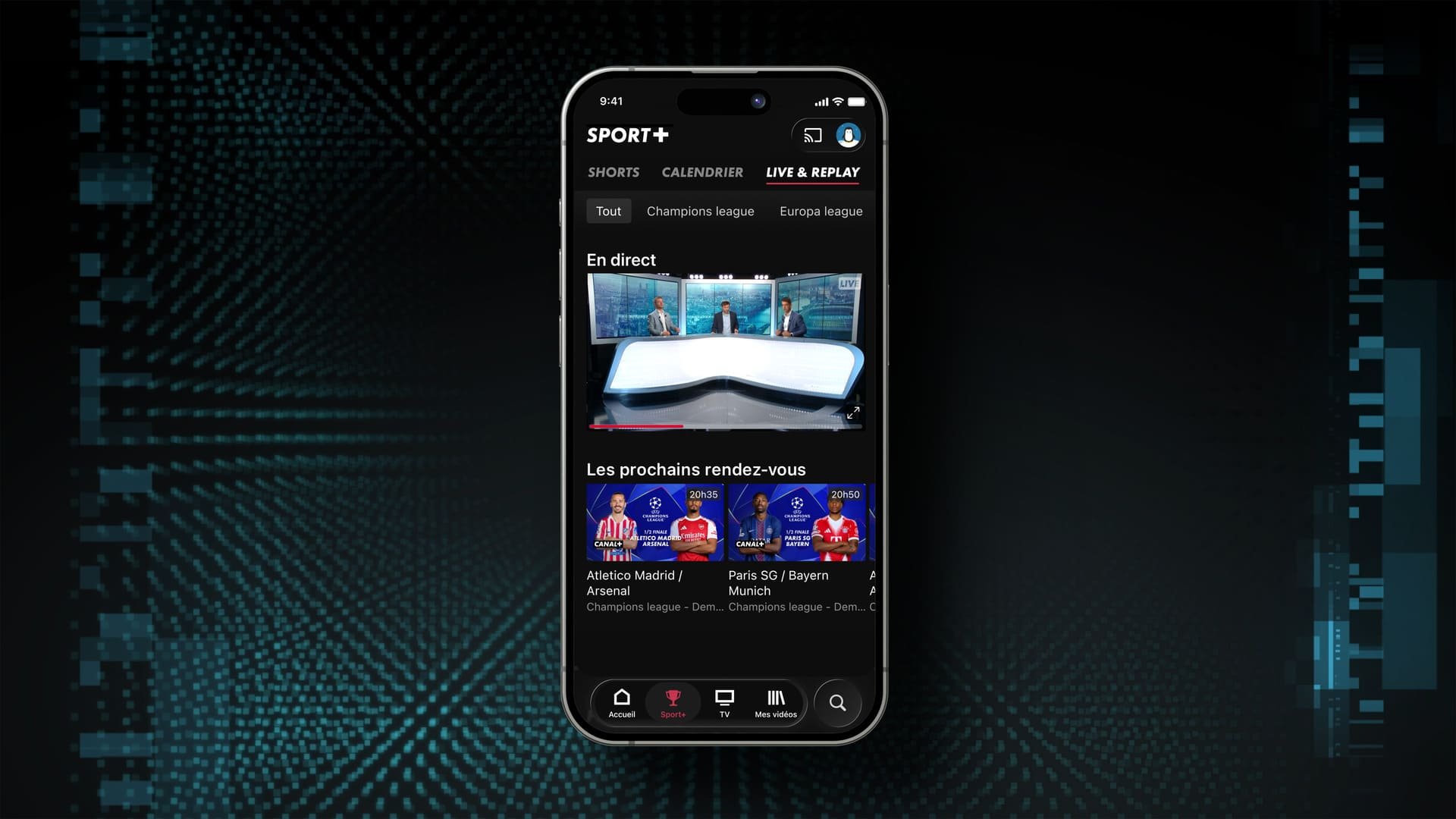 Interface officielle de SPORT+ présentant la rubrique Live & Replay.