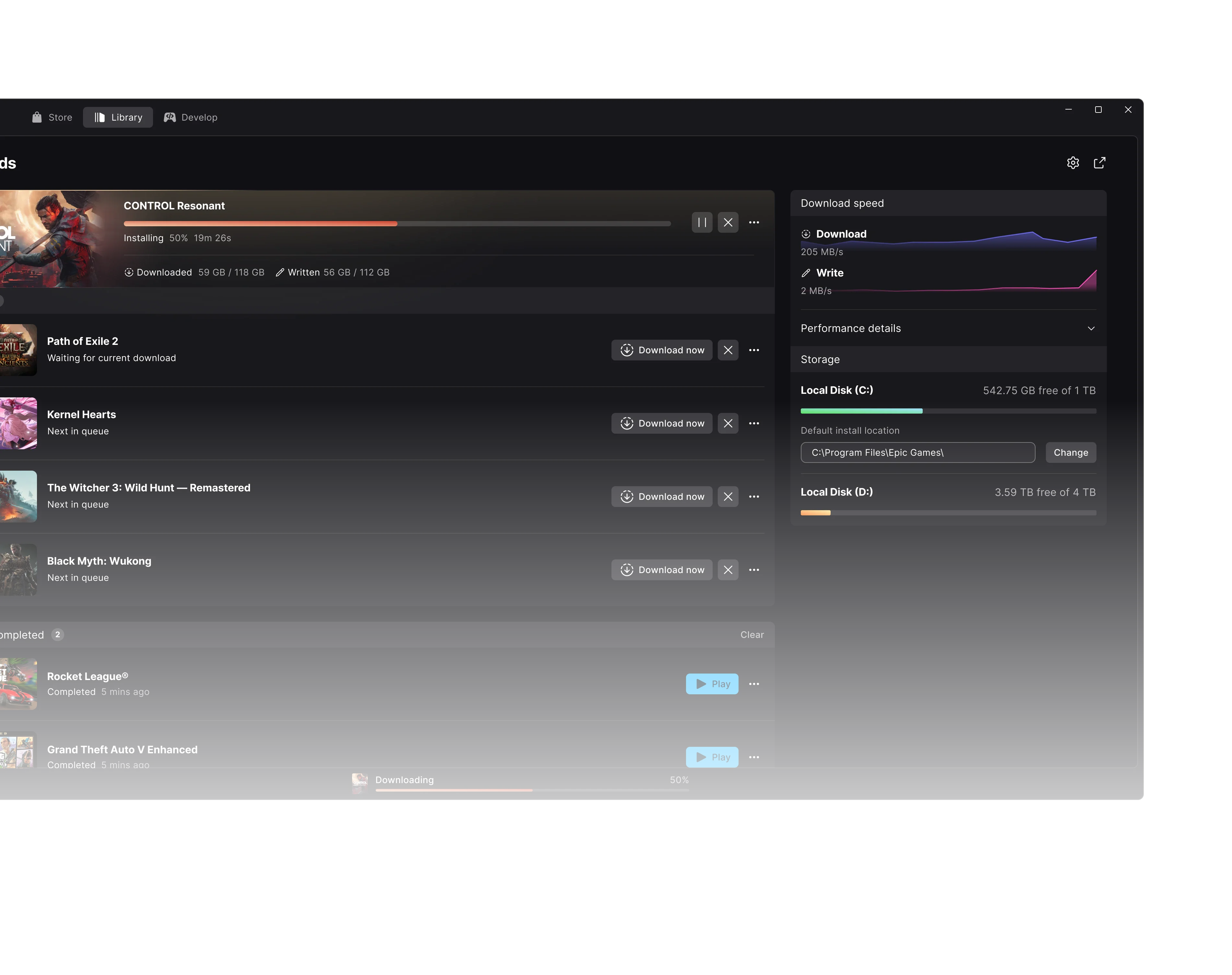 Le gestionnaire de téléchargements du nouveau launcher Epic Games.