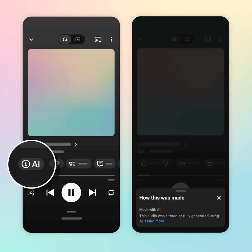 Visuel officiel montrant le badge AI sur le lecteur YouTube Music et le panneau How this was made.