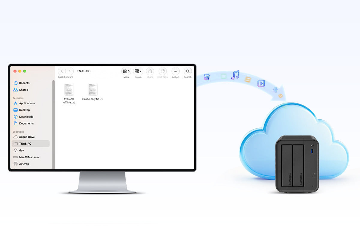 Visuel officiel TerraMaster illustrant les fichiers disponibles hors connexion ou uniquement en ligne sur Mac.