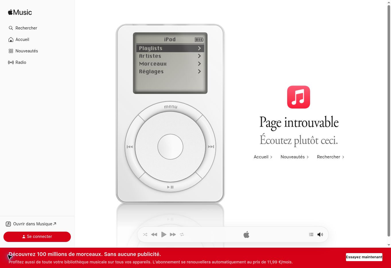 Capture de la page française Apple Music affichant l’iPod interactif à côté du message Page introuvable.