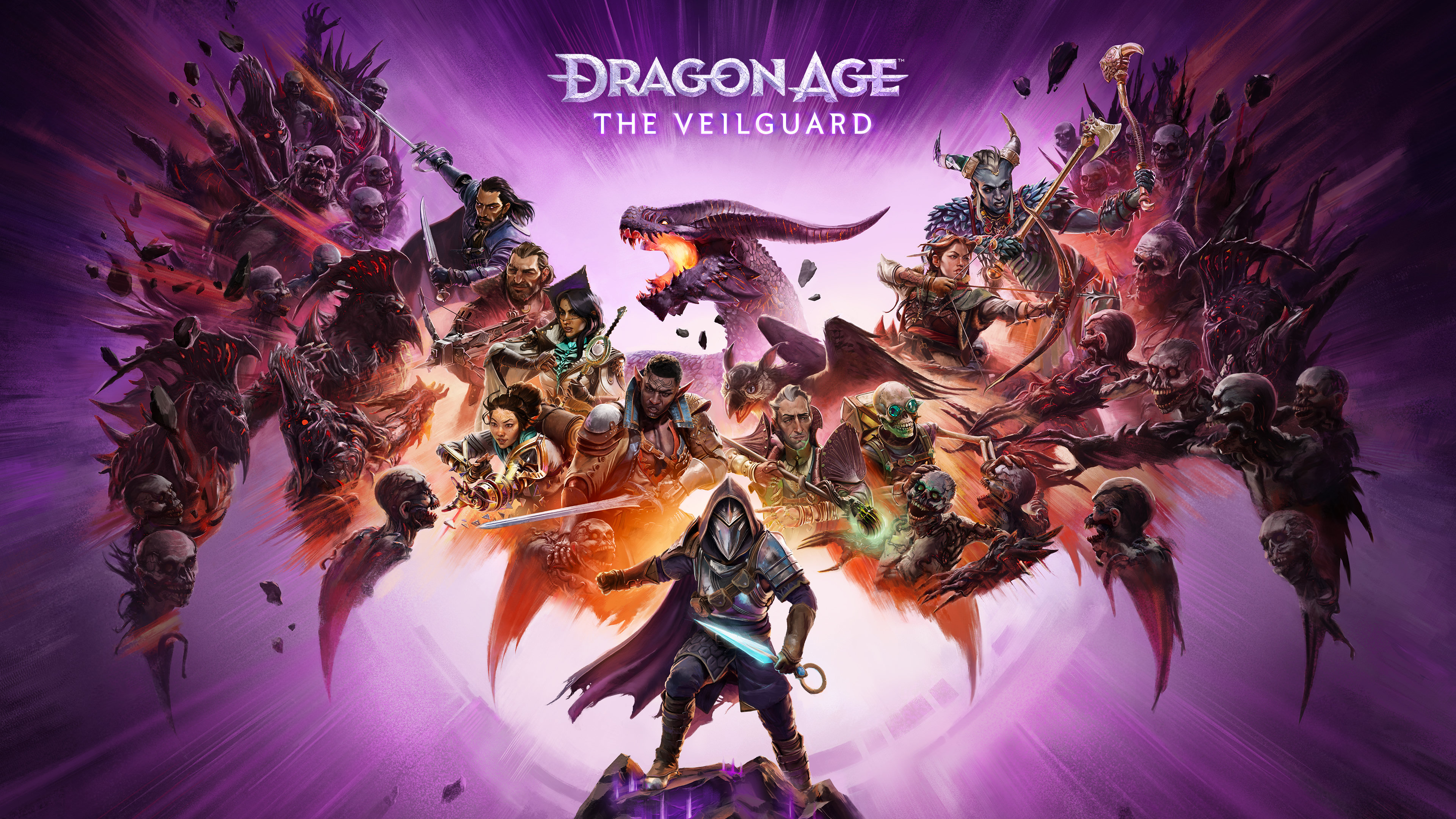 Illustration officielle de Dragon Age: The Veilguard avec ses personnages et un dragon.