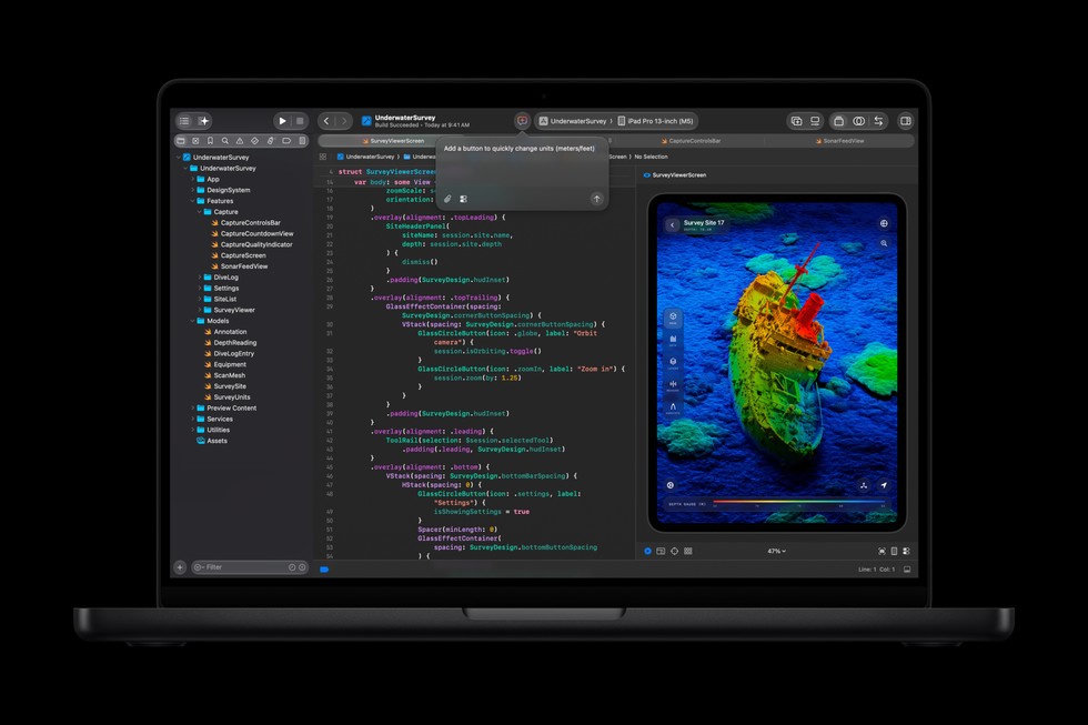 Un projet est compilé dans Xcode sur le MacBook Pro 14 pouces M6.
