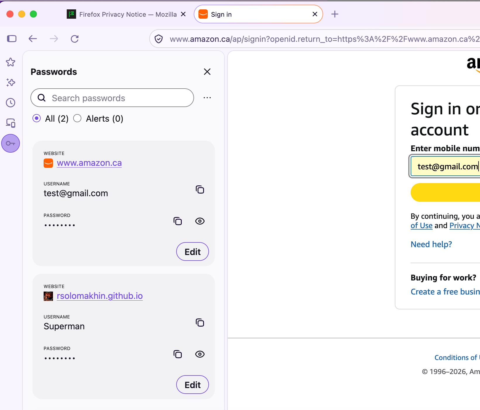 Capture officielle de l’accès aux mots de passe dans la barre latérale de Firefox 159.