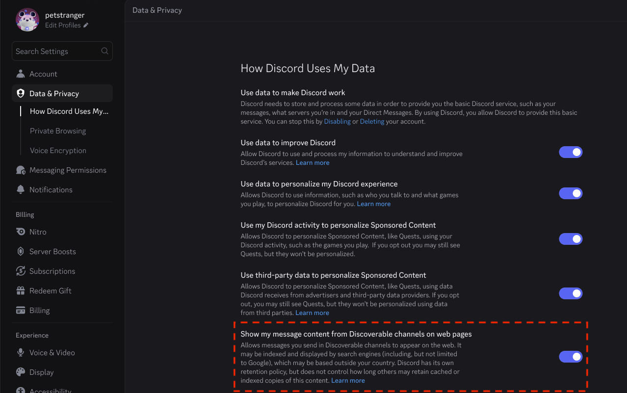 Capture officielle du réglage Discord contrôlant l’affichage des messages sur les pages Web.