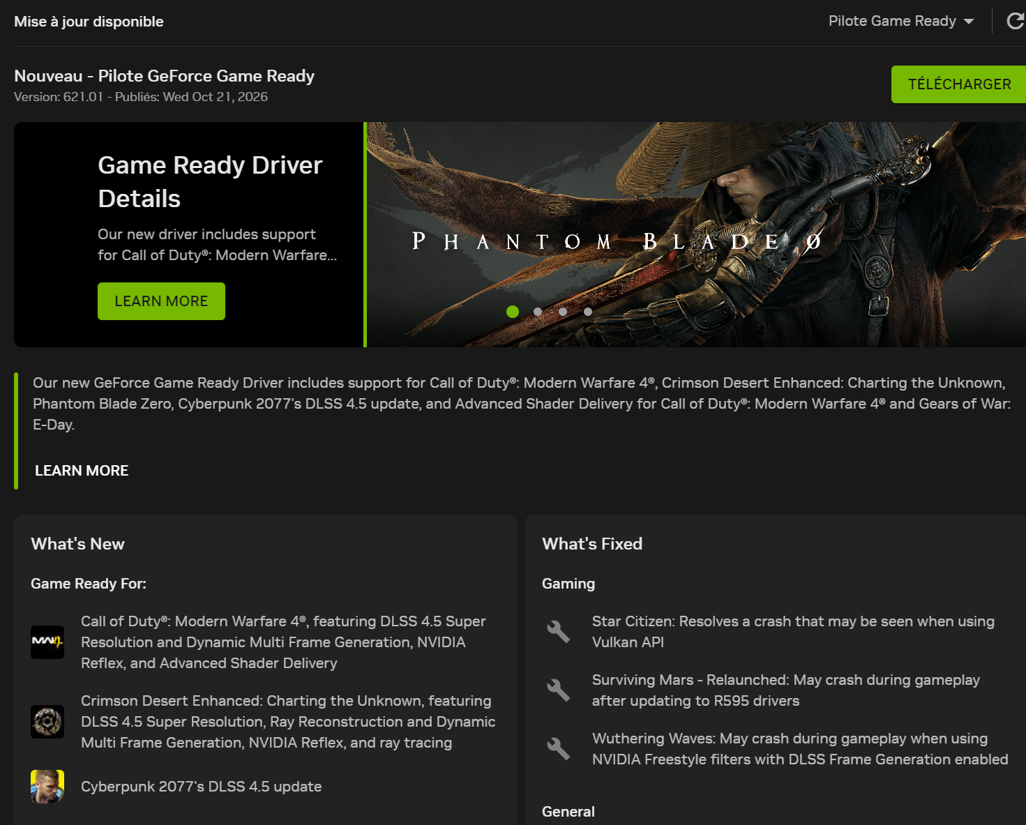 Capture de NVIDIA App présentant le pilote GeForce Game Ready 621.01 et une partie de ses nouveautés et correctifs.