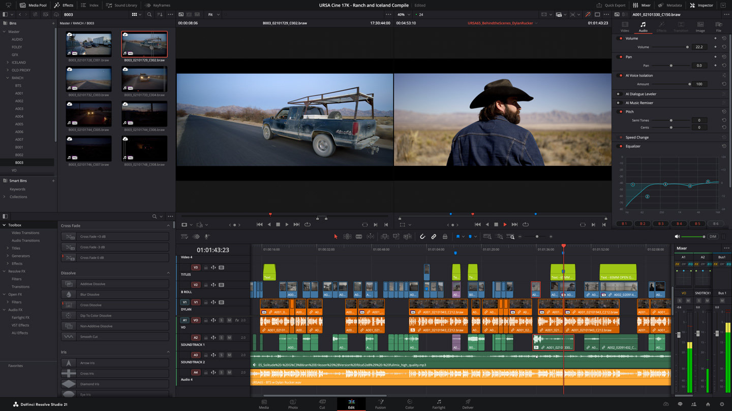 Interface officielle de la page Edit de DaVinci Resolve 21