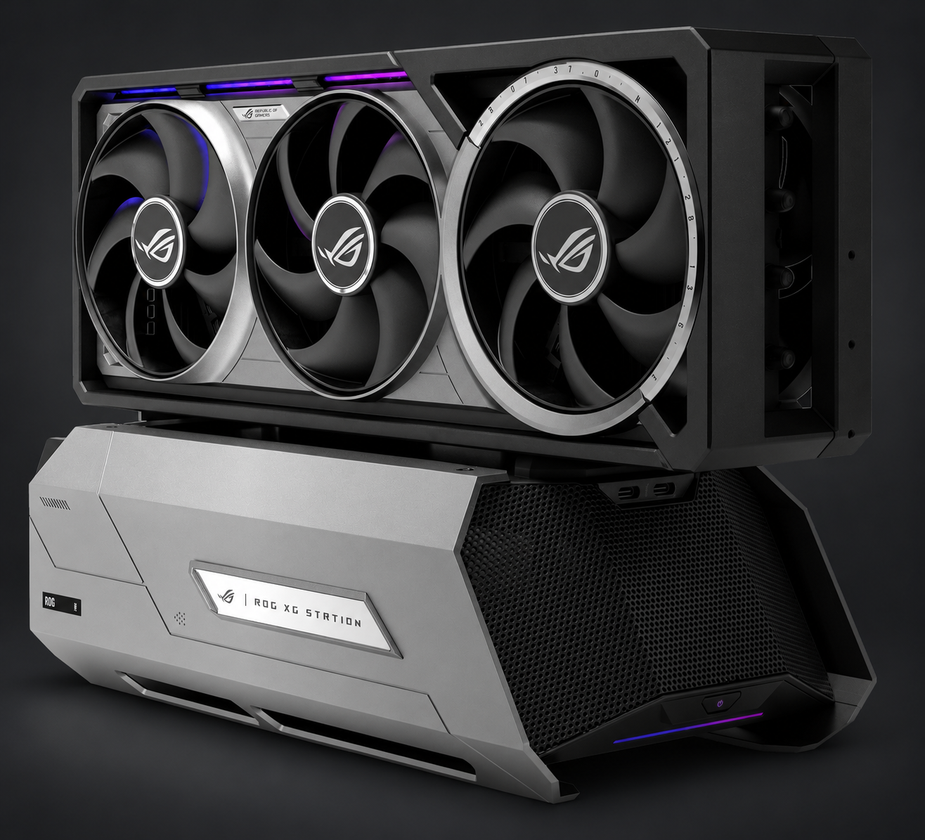Carte graphique montée sur le ROG XG Station 3, sur fond anthracite.