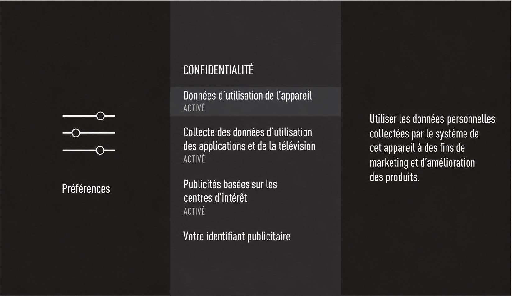 Capture traduite en français des paramètres de confidentialité d’une ancienne interface Fire TV, avec les options activées.