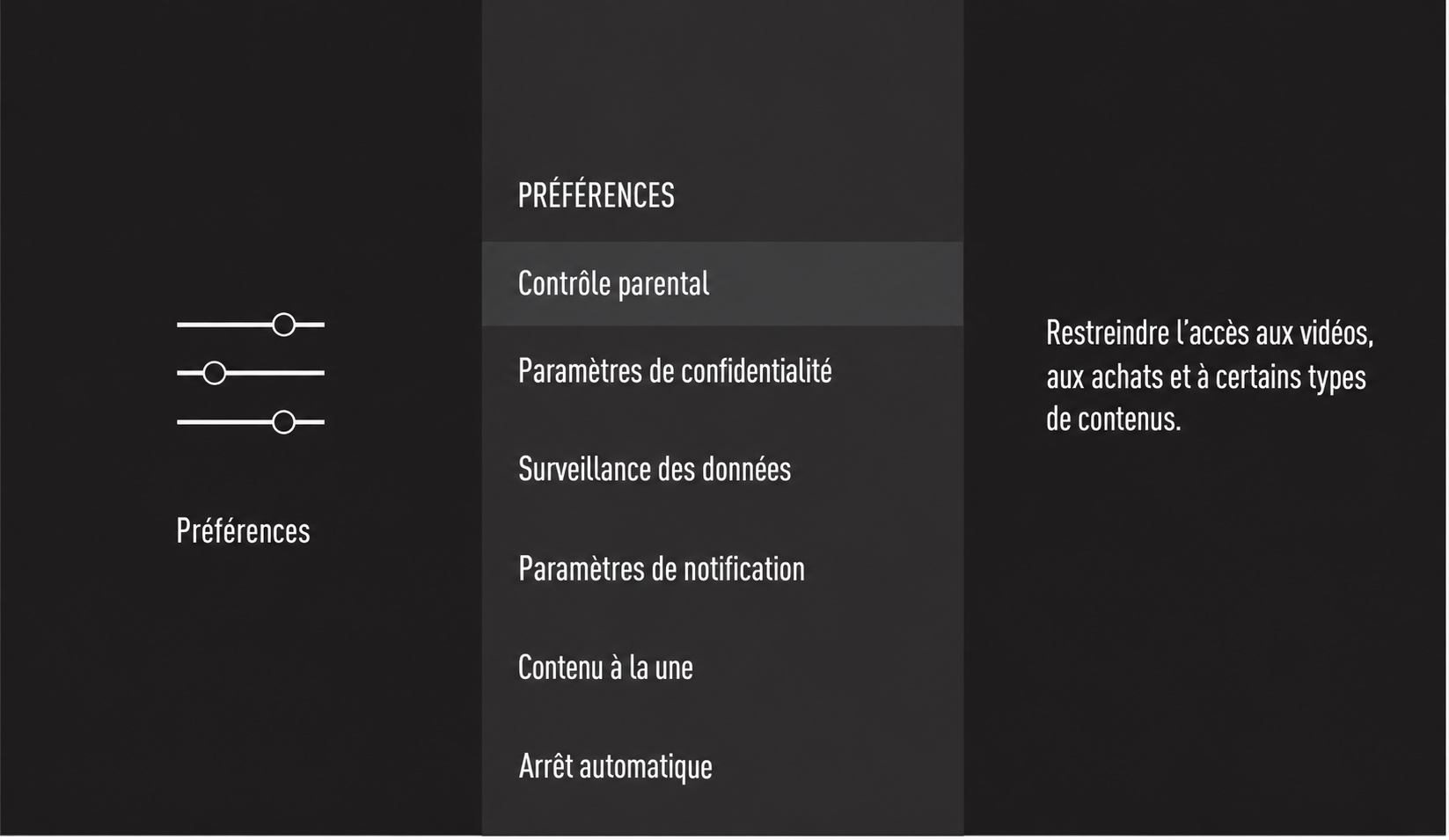 Capture traduite en français du menu Préférences d’une ancienne interface Fire TV.