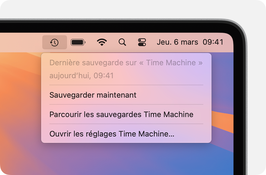 Capture officielle Apple du menu Time Machine en français, avec la dernière sauvegarde et l'entrée Parcourir les sauvegardes Time Machine.